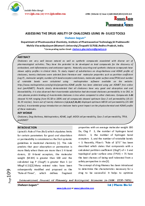 (PDF) ASSESSING THE DRUG ABILITY OF CHALCONES USING IN-SILICO TOOLS