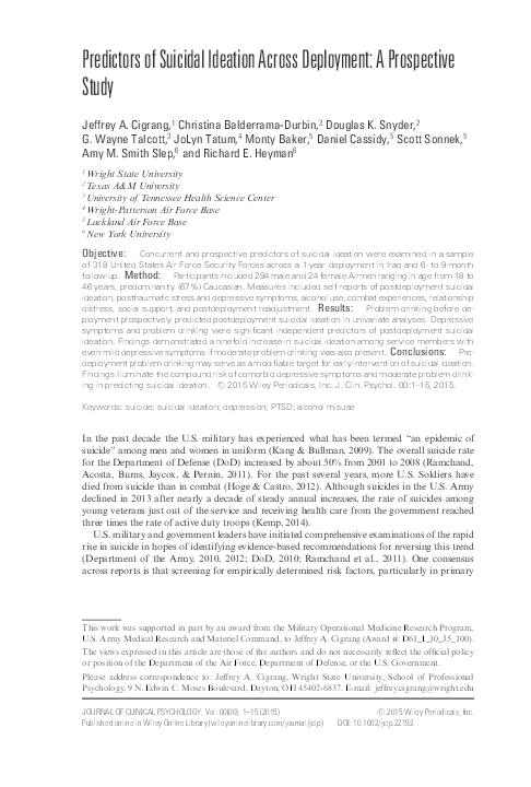 (PDF) Predictors of Suicidal Ideation Across Deployment: A Prospective ...