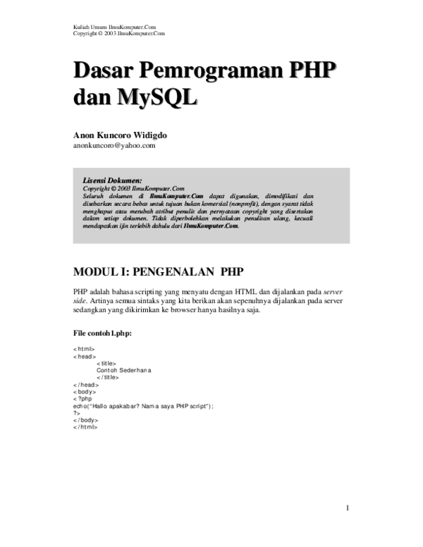 (PDF) Dasar Pemrograman PHP dan MySQL