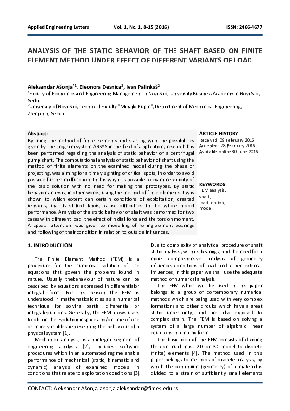 (PDF) ANALYSIS OF THE STATIC BEHAVIOR OF THE SHAFT BASED ON FINITE ...