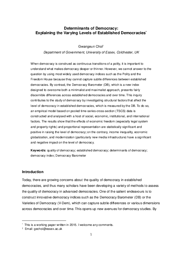 (PDF) Determinants of Democracy Explaining the Varying Levels of Established Democracies