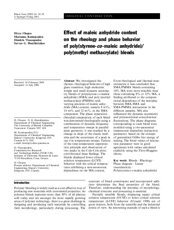 (PDF) Effect of maleic anhydride content on the rheology and phase ...