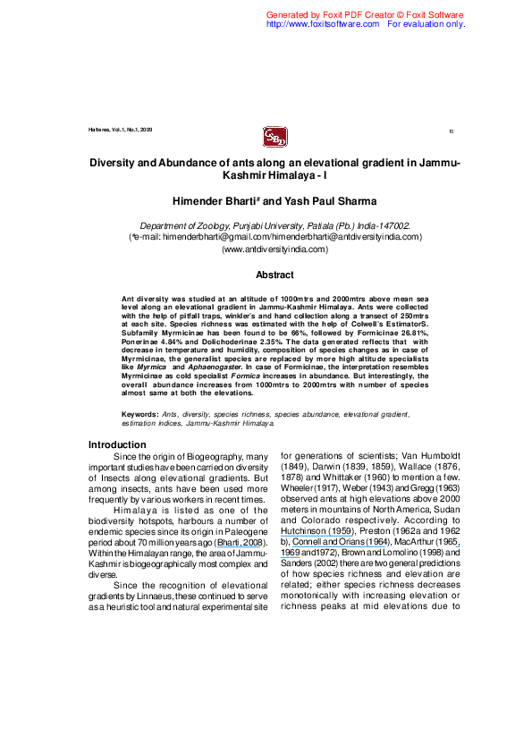 (PDF) Diversity and Abundance of Ants Along An Elevational Gradient In ...