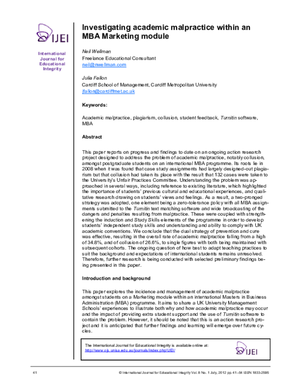 (PDF) Investigating academic malpractice within an MBA Marketing module