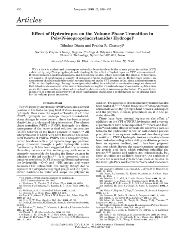 (PDF) Effect of Hydrotropes on the Volume Phase Transition in Poly( N ...