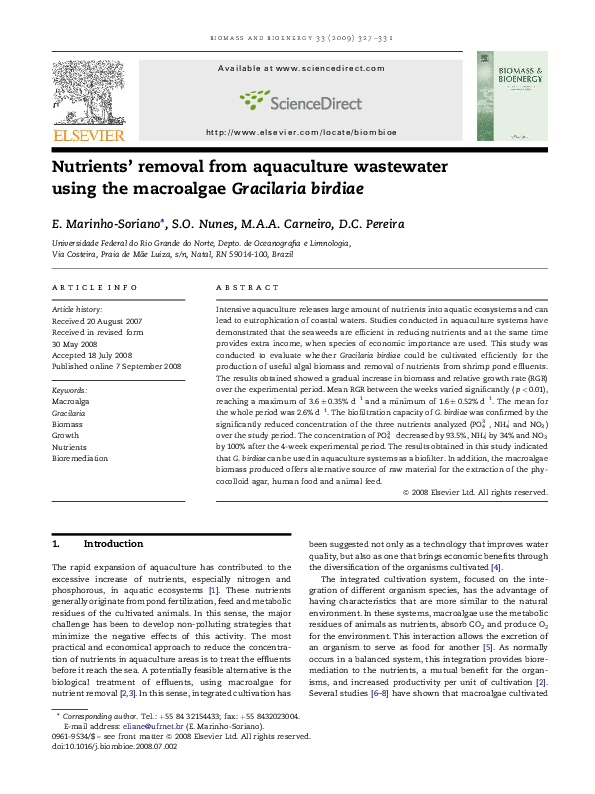 Picture of (PDF) Nutrients' removal from aquaculture wastewater using the ...