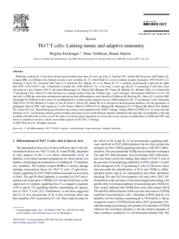 (PDF) Th17 T cells: Linking innate and adaptive immunity