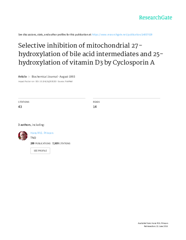 (PDF) Selective inhibition of mitochondrial 27 hydroxylation of bile