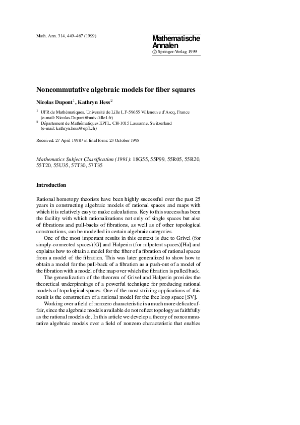 (PDF) Noncommutative algebraic models for fiber squares