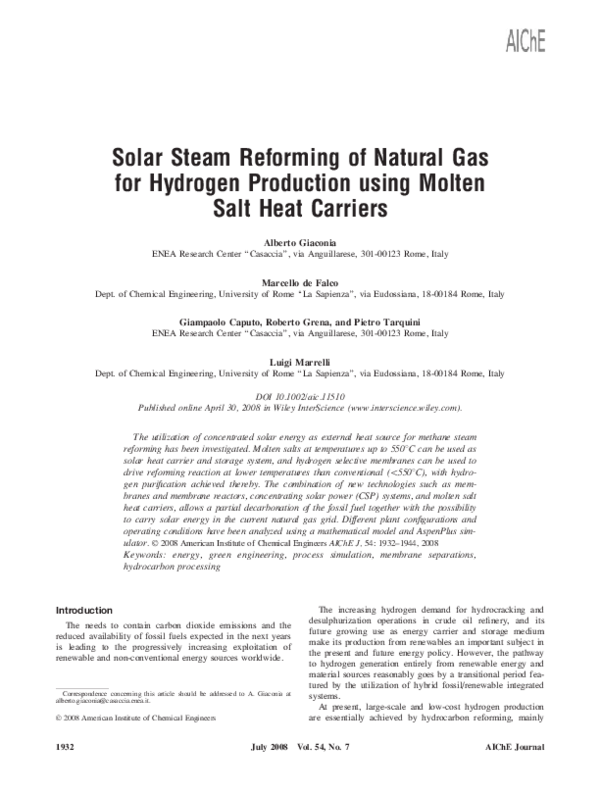 (PDF) Solar steam reforming of natural gas for hydrogen production ...