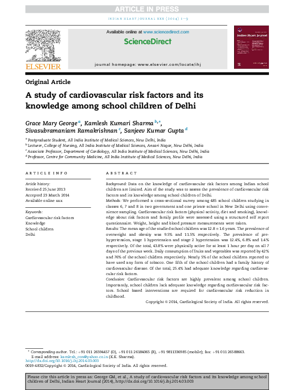 (PDF) A study of cardiovascular risk factors and its knowledge among ...