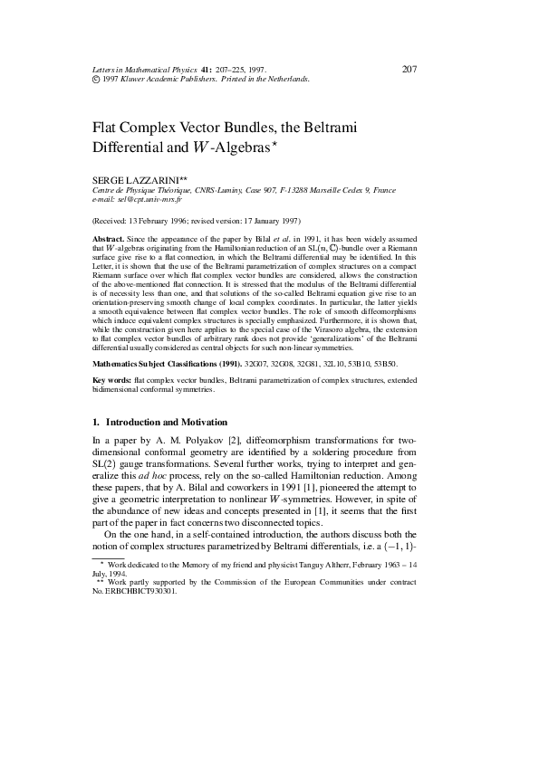 (PDF) Flat Complex Vector Bundles, the Beltrami Differential and W-Algebras