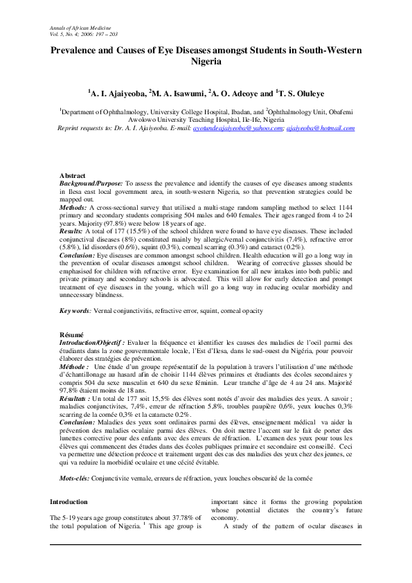 (PDF) Prevalence and Causes of Eye Diseases amongst Students in South ...