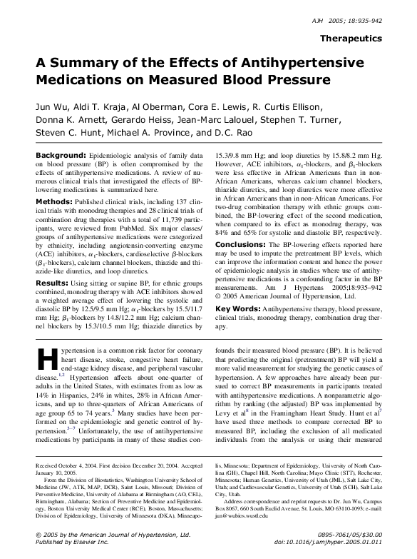 Pdf A Summary Of The Effects Of Antihypertensive Medications On