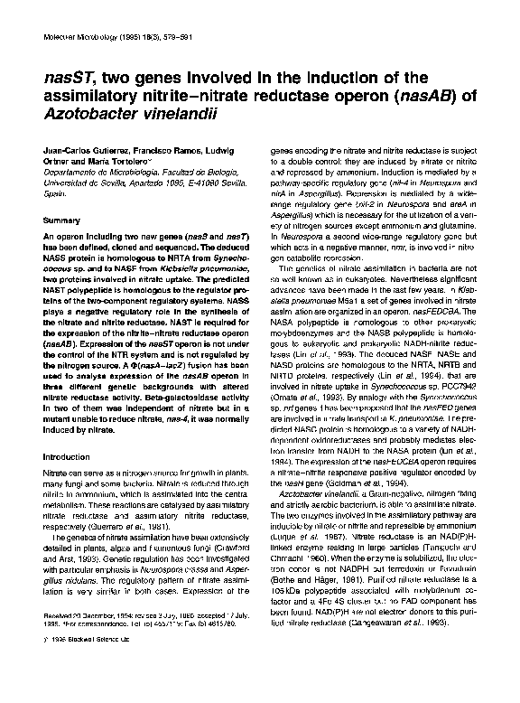 (PDF) nasST, two genes involved in the induction of the assimilatory ...