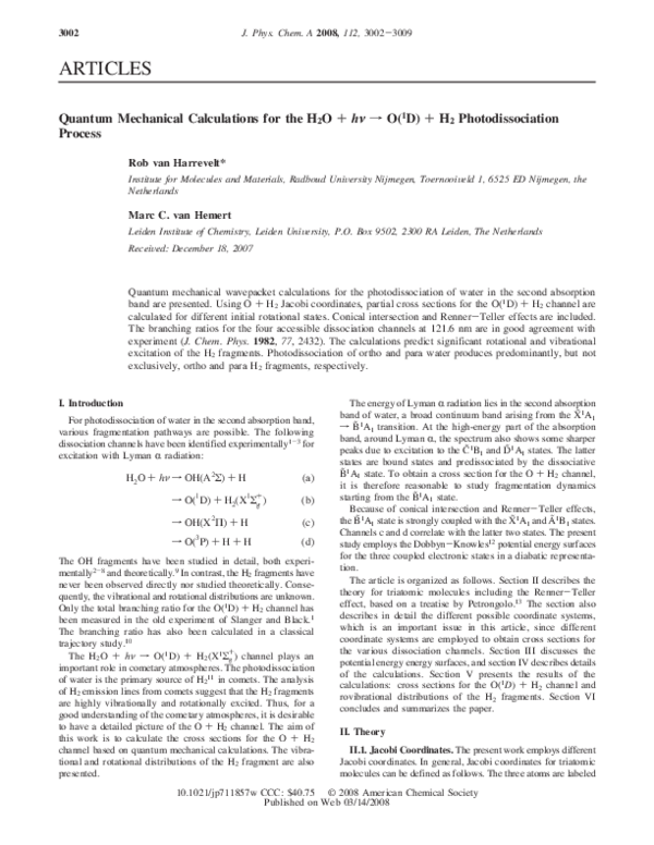 (PDF) Quantum Mechanical Calculations for the H 2 O + h ν → O( 1 D) + H ...