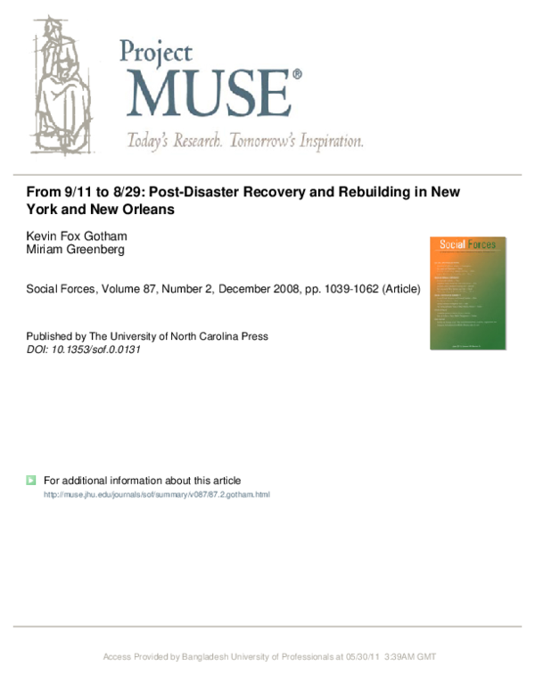 From 9/11 to 8/29: Post-Disaster Recovery and Rebuilding in New York and New Orleans