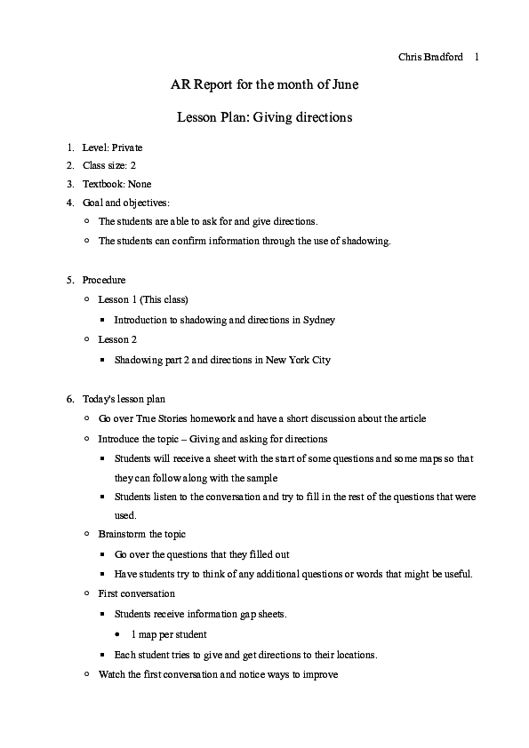(DOC) AR Report for the month of June Lesson Plan: Giving directions