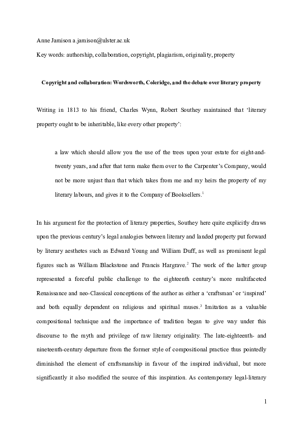 Copyright and Collaboration: Wordsworth, Coleridge, and the Debate over Literary Property