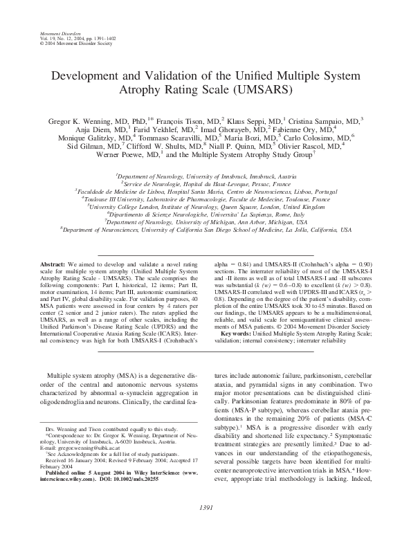 (PDF) Development and validation of the Unified Multiple System Atrophy ...