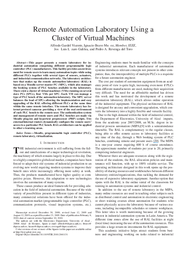 (PDF) Remote Automation Laboratory Using a Cluster of Virtual Machines
