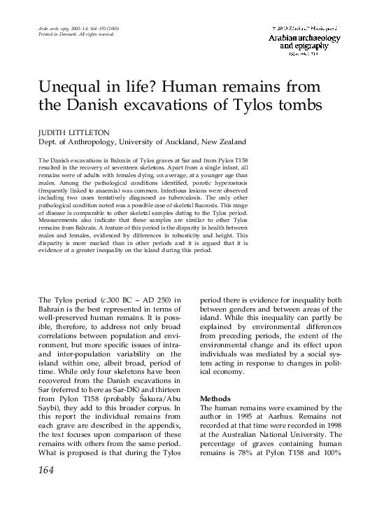 Unequal in life? Human remains from the Danish excavations of Tylos tombs