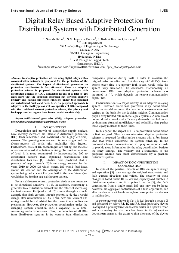 (PDF) Digital Relay Based Adaptive Protection for Distributed Systems
