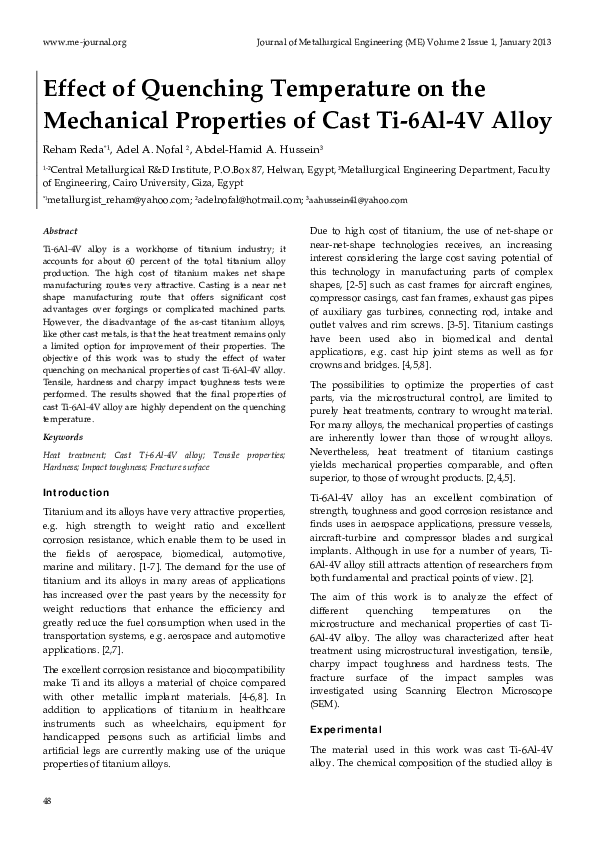 (PDF) Effect of Quenching Temperature on the Mechanical Properties of Cast Ti6Al4V Alloy Co