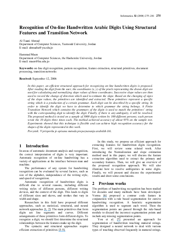 (PDF) Recognition of On-line Handwritten Arabic Digits Using Structural ...