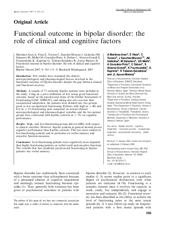 (PDF) Functional outcome in bipolar disorder: the role of clinical and ...