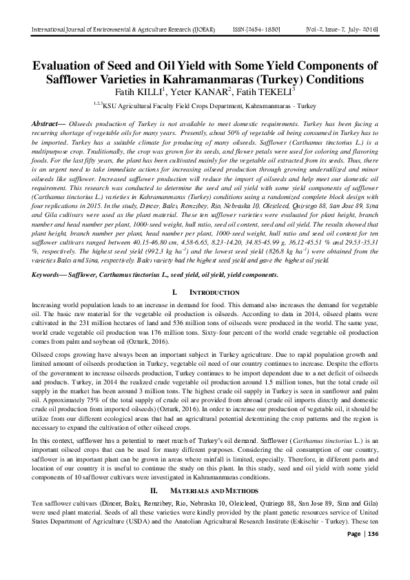 (PDF) Evaluation of Seed and Oil Yield with Some Yield Components of Safflower Varieties in