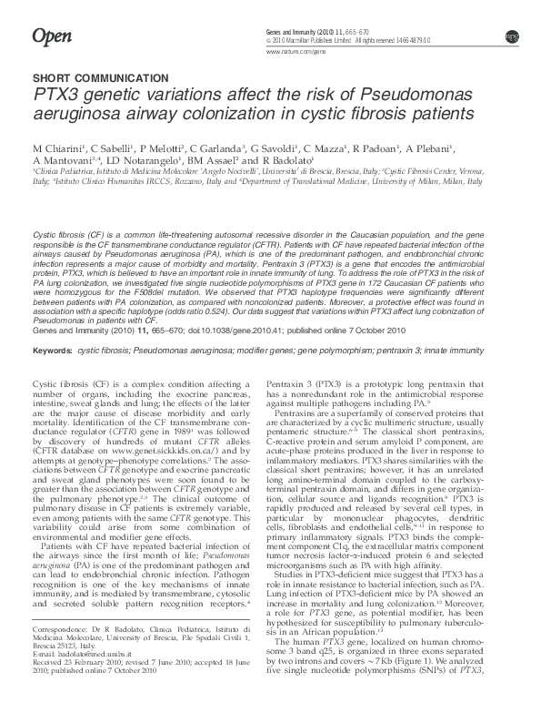(PDF) PTX3 genetic variations affect the risk of Pseudomonas aeruginosa ...