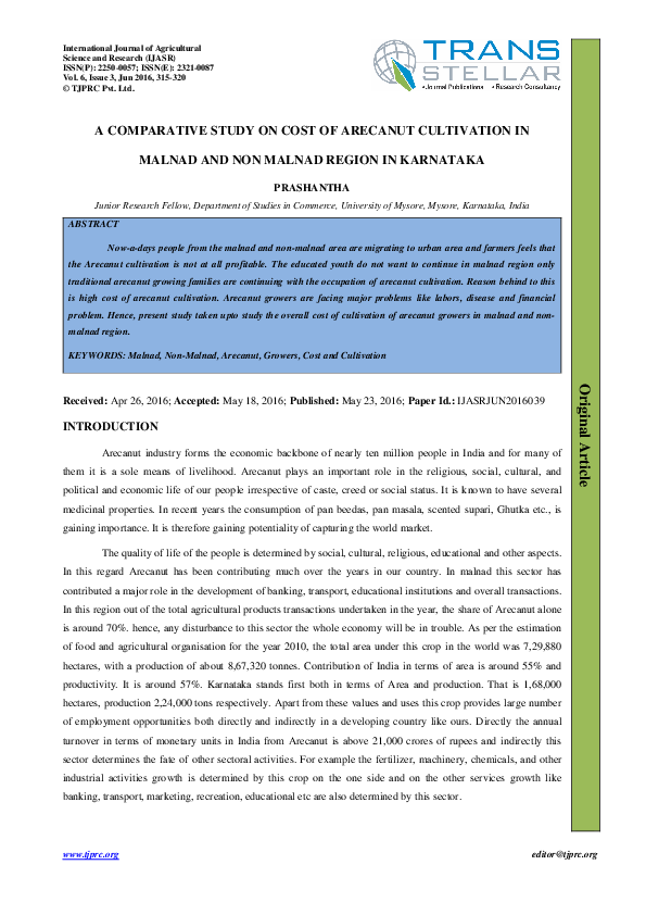 (PDF) A COMPARATIVE STUDY ON COST OF ARECANUT CULTIVATION IN MALNAD AND ...