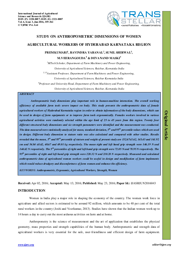 (PDF) STUDY ON ANTHROPOMETRIC DIMENSIONS OF WOMEN AGRICULTURAL WORKERS ...