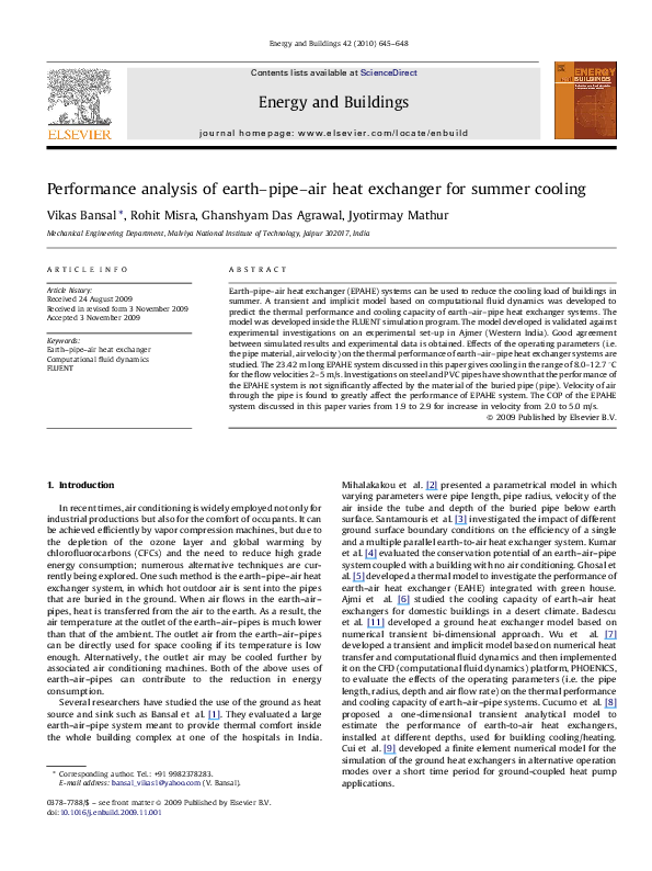 (PDF) Performance analysis of earth–pipe–air heat exchanger for summer ...