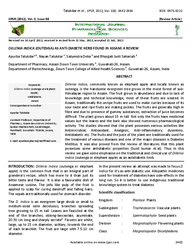 (PDF) DILLENIA INDICA (OUTENGA) AS ANTI-DIABETIC HERB FOUND IN ASSAM A ...