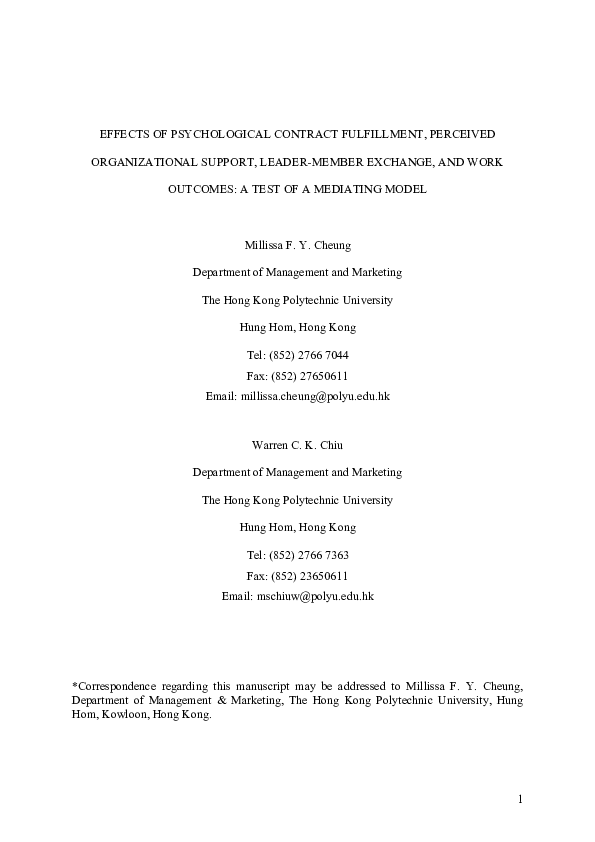 (PDF) Effects of psychological contract fulfillment, perceived ...