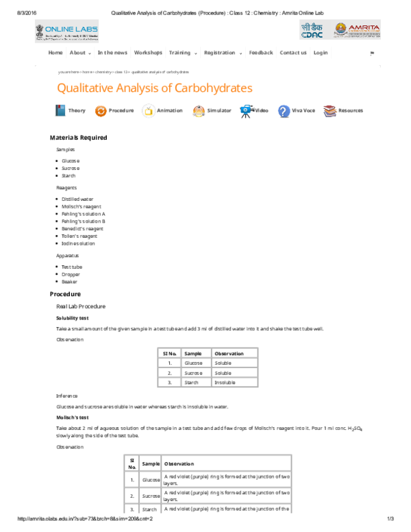(PDF) Qualitative Analysis of Carbohydrates Procedure Class 12