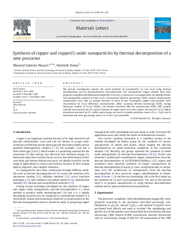 (PDF) Synthesis of copper and copper(I) oxide nanoparticles by thermal