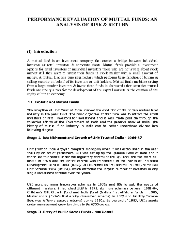 Pdf Performance Evaluation Of Mutual Funds An Analysis Of Risk Return Pdf Performance Evaluation Of Mutual Funds An Analysis Of Risk Return