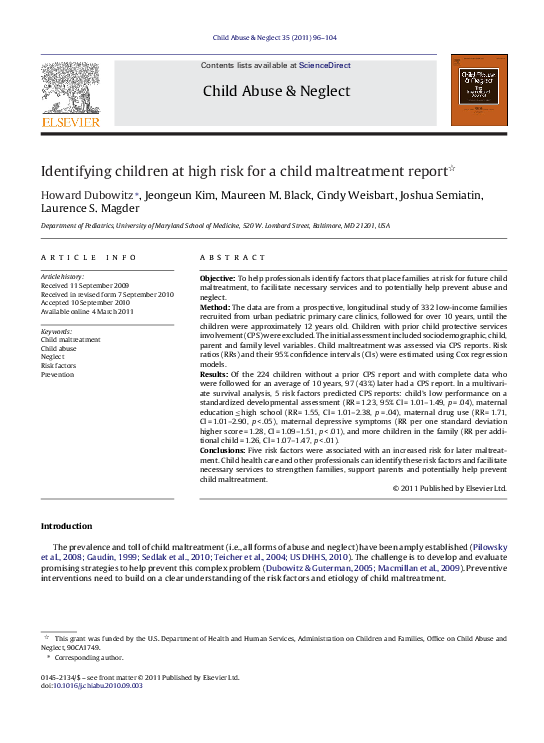(PDF) Identifying children at high risk for a child maltreatment report