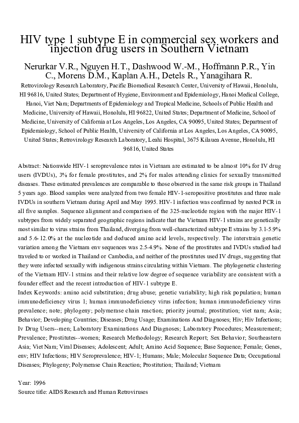 (PDF) Sequence Note : HIV Type 1 Subtype E in Commercial Sex Workers ...