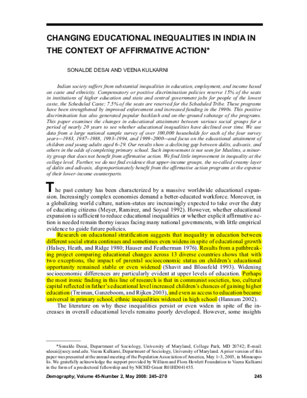 (PDF) T CHANGING EDUCATIONAL INEQUALITIES IN INDIA IN THE CONTEXT OF