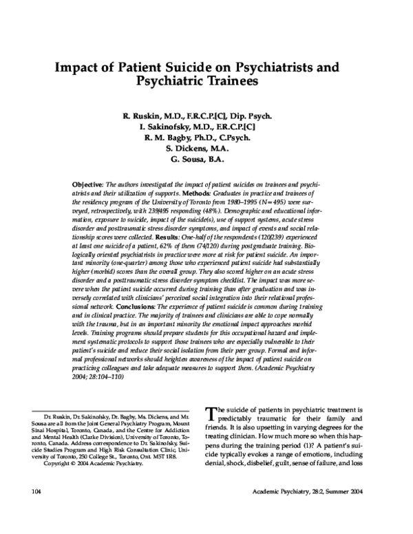 (PDF) Impact of Patient Suicide on Psychiatrists and Psychiatric Trainees
