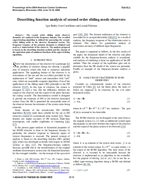 (PDF) Describing function analysis of second order sliding mode observers