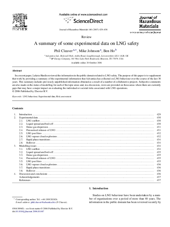 (PDF) A summary of some experimental data on LNG safety