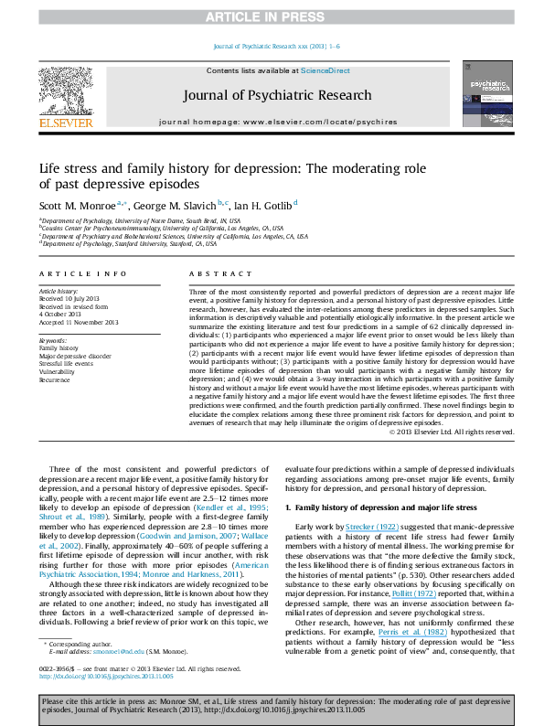 (PDF) Life stress and family history for depression: The moderating ...
