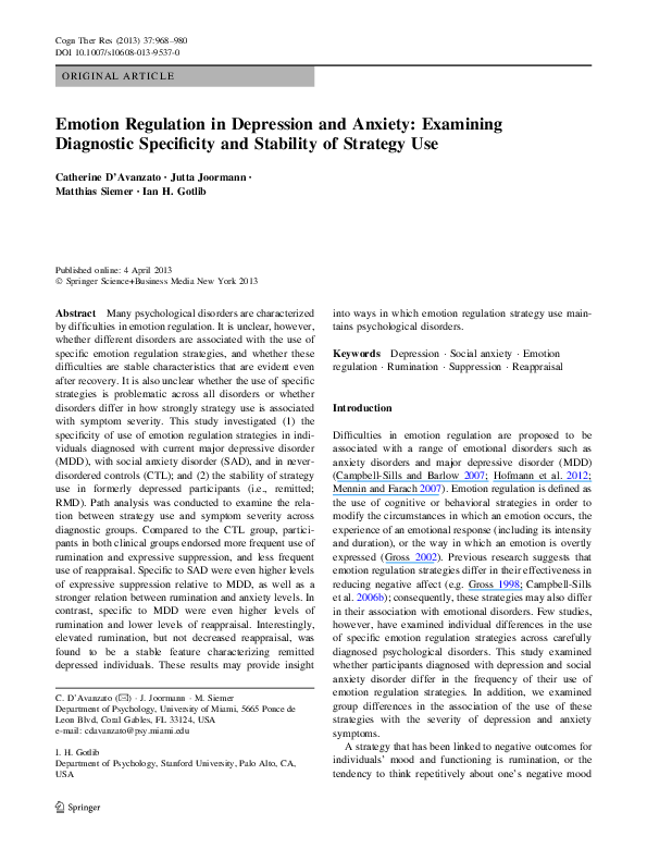 (PDF) Emotion Regulation in Depression and Anxiety: Examining ...