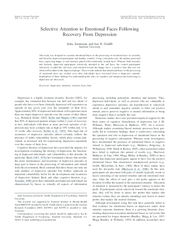 (PDF) Selective attention to emotional faces following recovery from ...