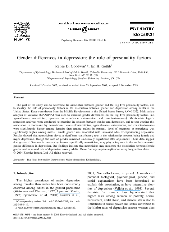 (PDF) Gender differences in depression: the role of personality factors